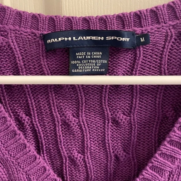 Ralph Lauren Purple Cable Knit V-Neck Cotton Sweater - Picture 2 of 16